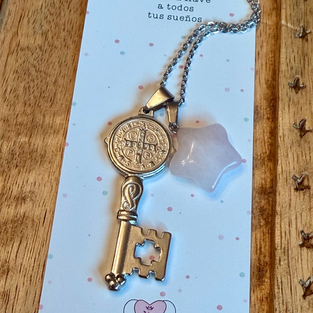 Silver Key Pendant Necklace with Real stone star rhodochrosite. Stunning.